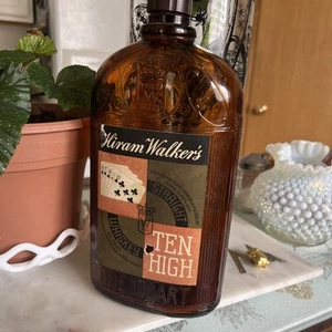 Vintage Hiram Walker & Sons Prohibition Whiskey Amber Quart Bottle W/ Label - Picture 1 of 13