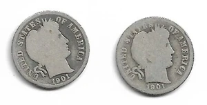 Lot of 2 Barber Dimes : 1901 1901-O - Picture 1 of 2