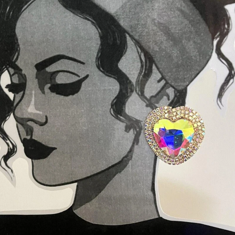Oversized Heart Earrings Rhinestone Runway Pierced AB Glass Drag Queen Huge - Image 1 of 1