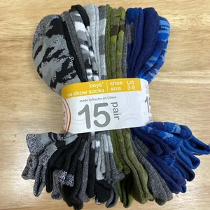 Boys Camo & Solid No Show Socks Shoe Size 3-9 Large 15 Pairs NEW - Picture 1 of 7