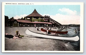 Vintage Postkarte Saratoga See NY Baden Strand Wasserrutsche Kanus U7 - Bild 1 von 2