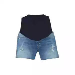 Over Belly Destruction Midi Maternity Jean Shorts dark jeans shorts 2 - Picture 1 of 1