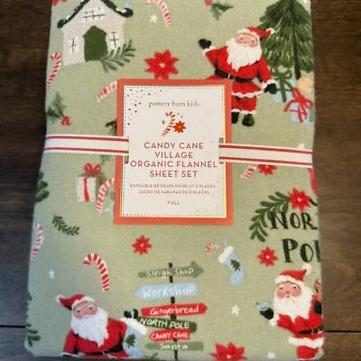 POTTERY BARN KIDS CANDY CANE VILLAGE ORGANIC FLANNEL SHEET SET, FULL - Image 1 of 4