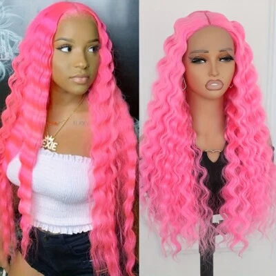 Pelucas Largas Rizadas Color Rosa Sintético Encaje Frontal Mujeres Fiesta Resistente al Calor Foto 1 de 4