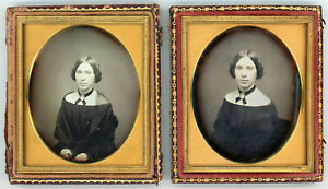 DAGUERREOTYPE PAIR SAME WOMAN SHE LOWERED SEE THROUGH SHEER SHAWL IN ONE DAG
