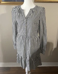 Loft Black and White Gingham Check Dress Size Small Tiered Babydoll Long Sleeve - Picture 1 of 12