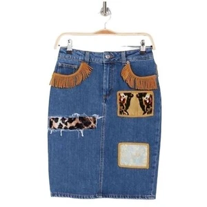 Falda lápiz de mezclilla con flecos occidentales remendados abstractos Jeremy Scott talla 4 NUEVA $705 - Imagen 1 de 11