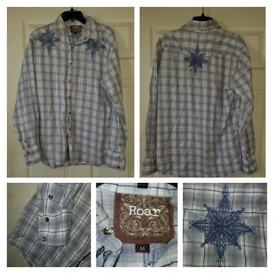 Camisa ROAR Hombres Mediana Marrón Perla Occidental A Presión Tribal Grunge Patinador Bordado Foto 1 de 4