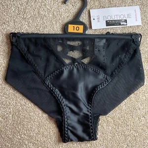 M&S Größe 10 Boutique hübsche Satinflecken Netz brasilianische Schlüpfer schwarz sexy hinten - Bild 1 von 10