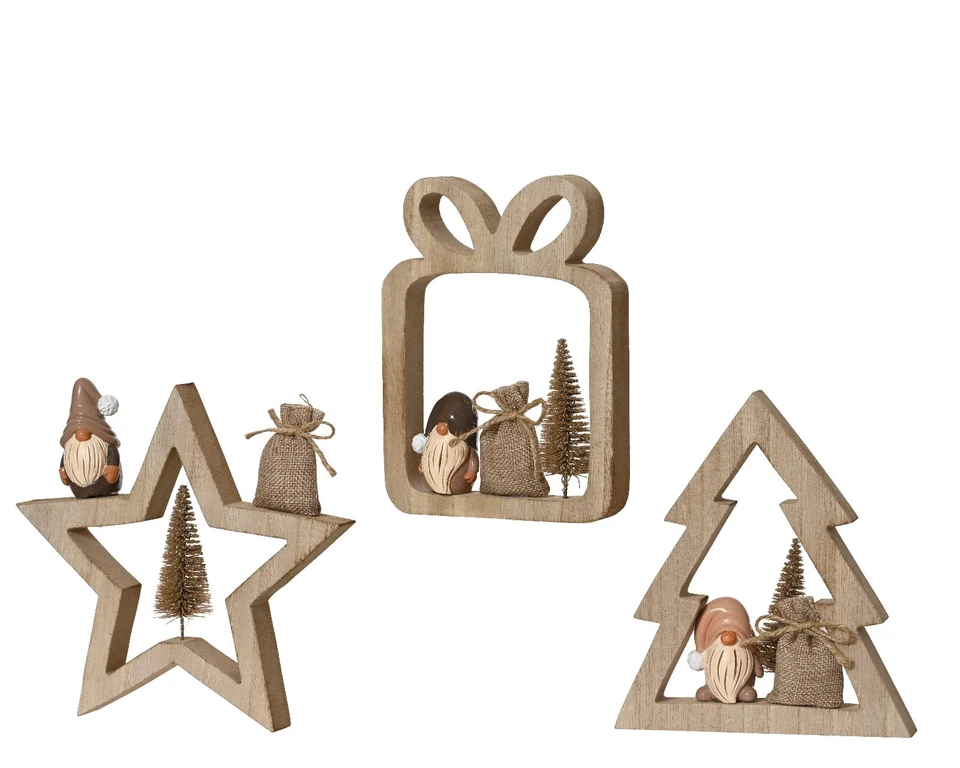 Gilde Standrelief Wichtel "Santa" Holz Tanne Gold Sack Winter Weihnachten Deko - Bild 1 von 1