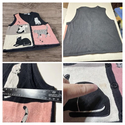 De Colección Blair Gato Gatito Gatito Suéter Chaleco Botón Años 80’s Grande Negro Rosa Blanco LEER Foto 1 de 4