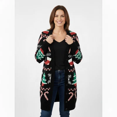 Suéter Navidad Feo Cárdigan Árboles Navidad Vacaciones Allison Brittney Talla Mediana Foto 1 de 4