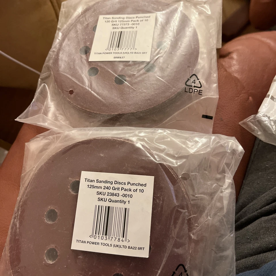 Titan 125mm Sanding Disc 120 Grit Pack of 10 and 125 mm 240 Grit X 10 8 Holes - Image 1 of 3