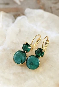 16 Carats Green Emerald In Two Settings In 18k Gold Plated Earrings - Picture 1 of 5