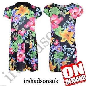 KIDS GIRLS NEW SEASON BLACK FLORAL PRINT LEGGING SKATER MIDI DRESS CROP TOP 2-13 - Picture 1 of 1