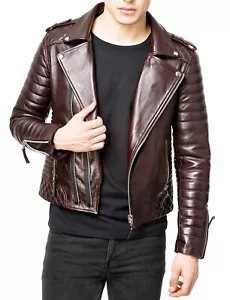 Men's Stylish Genuine Lambskin Motorcycle Bomber Biker Leather Jacket Brown - Picture 1 of 4