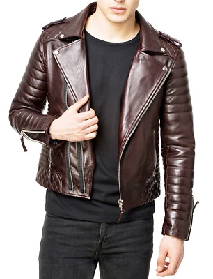 Men's Stylish Genuine Lambskin Motorcycle Bomber Biker Leather Jacket Brown - Image 1 of 4