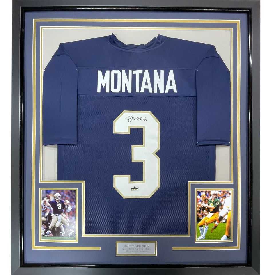 Camiseta deportiva enmarcada facsímil autografiada Joe Montana 33x42 Notre Dame azul reimpresión Foto 1 de 2