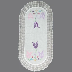 Vtg Hand Embroidered Table Runner Dresser Scarf Cross Stitch Tulip Flowers Lace - Picture 1 of 7