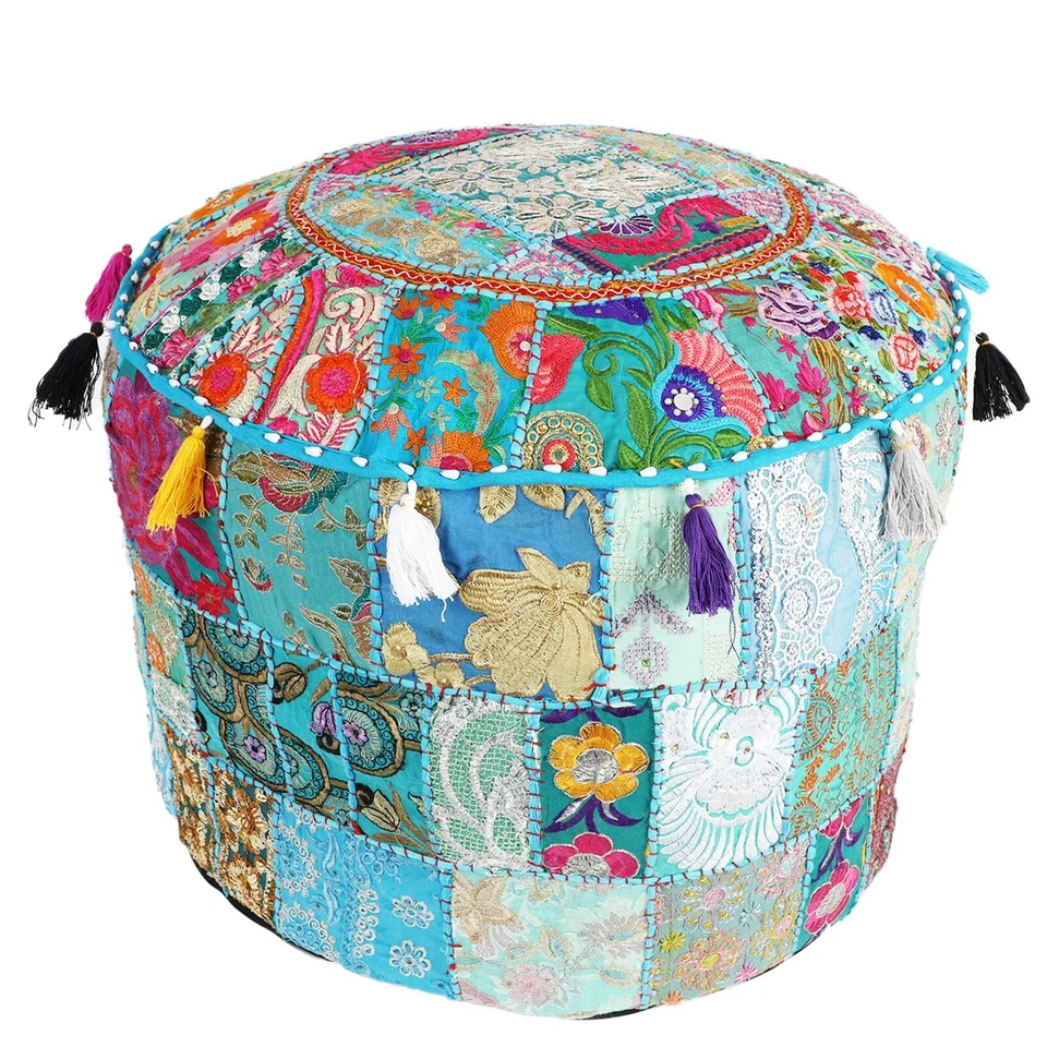 22-дюймовый индийский пэчворк круглый пуф чехол винтажный табурет для ног пуф чехол ПРОДАВЕЦ ИЗ США - Изображение 1 из 1