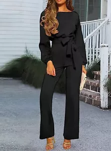 Women’s Casual Jumpsuits Loose Fit Belted Dressy Long Sleeve Crewneck Sz XL - Picture 1 of 4