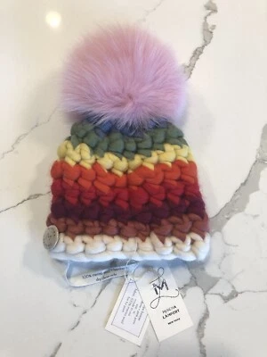 Misha Lambert Striped Childrens Beanie XS Rainbow+Pink Merino Wool Fox Fur Pom - Imagem 1 de 4