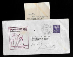 CV41 Cover Navel Op. High jump Task Force 68 Dual Cancell N.Y. to Hawaii & Note - Picture 1 of 2