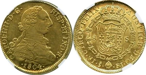 CHILE 8E 1804SO FJ Carlos IV == RARE LOW MINTAGE == NGC AU 58 - Picture 1 of 3