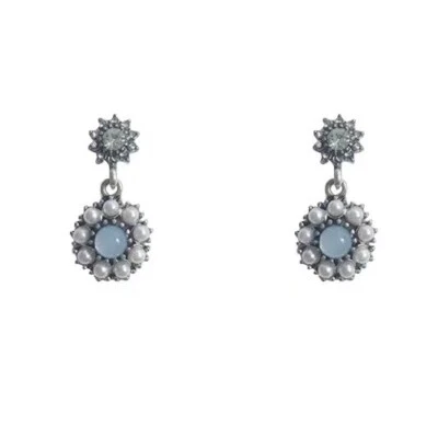 Silver, Green And Blue Glass Stones With Pearls Clip On Drop Earring - Image 1 of 2