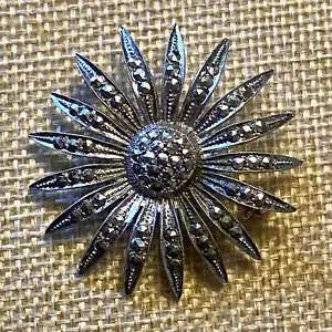 Vintage European 2" 835 Silver Brooch Pin Pavé Marcasite Stones Sunburst Flower - Bild 1 von 6