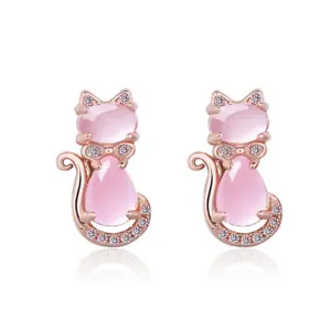 Rose Gold on Sterling Silver Pink Opal Stone Cat Bow Stud Post Earrings Gift A3 - Picture 1 of 4