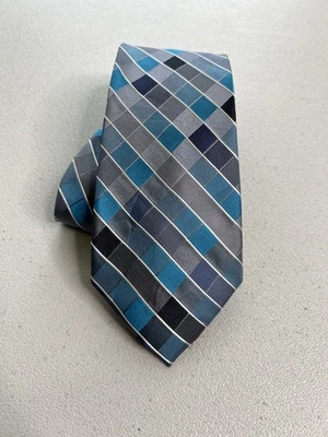 Corbata Van Heusen azul, gris, blanco diamante patrón geométrico 100 % seda Foto 1 de 4