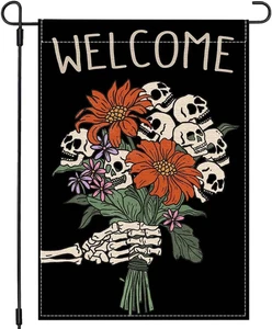 Bandiera da giardino Halloween 12X18 benvenuto teschio fiore scheletro decorazione gotica esterno - Foto 1 di 12