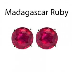 Madagascar Ruby Round 9mm, 7.65 Carat Stud Earrings in 14K White Gold (53401) - Picture 1 of 5