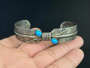Douglas Etsitty Navajo Native American Sterling Turquoise Feather Cuff Bracelet - Picture 1 of 12
