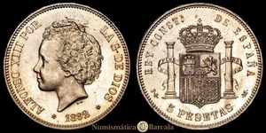  Alfonso XIII 5 Pesetas (25,03 grammi) 1892 *18-92* Madrid PG M CAL-100 SC - Foto 1 di 3