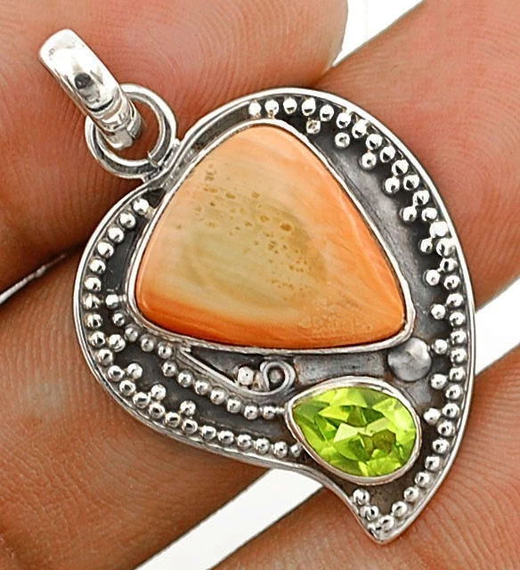 Natural Royal Imperial Jasper & Peridot 925 Sterling Silver Pendant  - Image 1 of 1