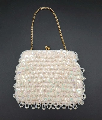 Vintage 60s Era Faux Pearl Beads Iridescent Sequins Evening Bag Ivory Hong Kong  - Image 1 of 4