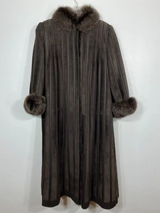 Único Abrigo de tela de gamuza de piel FOX gris para mujer XL extra grande 47" largo a rayas - Imagen 1 de 5