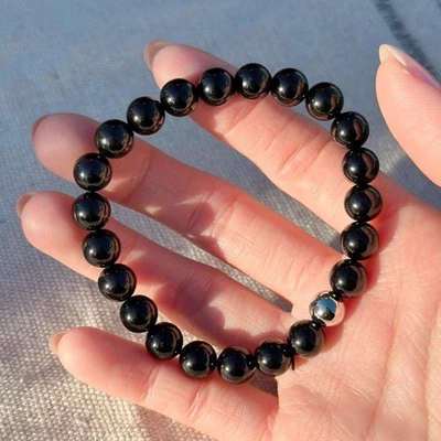 Brazalete elástico curativo hecho a mano con cuentas de piedras preciosas redondas de ónix negro de 8 mm 6-8" Foto 1 de 4