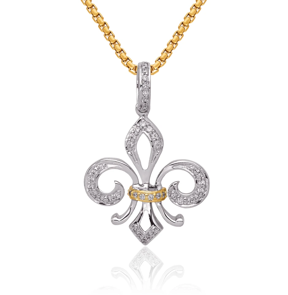 14K Solid Two Tone Gold Diamond Fleur De Lis Necklace - Image 1 of 1