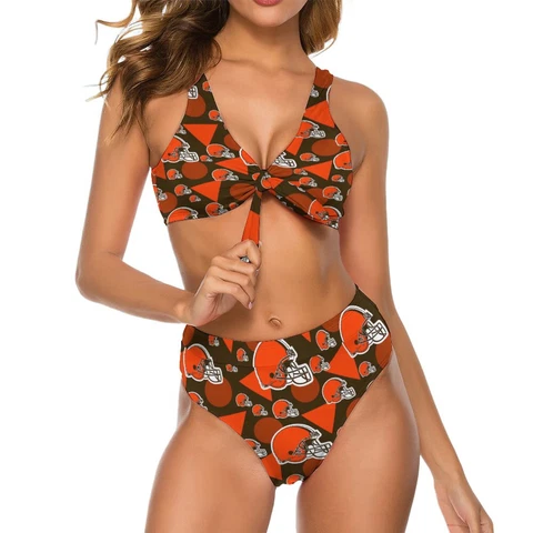 2pcs Cleveland Browns Womens Bow Tie Bikini Printed Swimsuit, with Chest Pad Cover