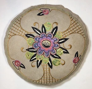 Antique Art Deco Floral Silk Embroidered Round Boudoir Linen Pillow 16 inch diam - Picture 1 of 6