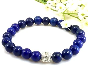 Blue Lapis round beaded bracelet with rhinestone pendant healing stretch stone - Picture 1 of 6