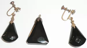 Antique Victorian Mourning Pendant & Earrings Jet Black Faceted Glass Brass 1 - Picture 1 of 5