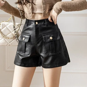 Femme Simili Cuir Short Jambe Large Taille Haute Noir PU Court Punk Rock Club - Picture 1 of 9