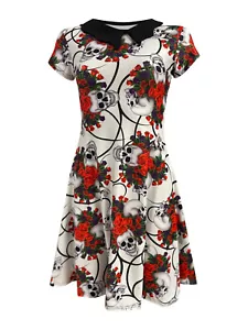 Gothic Floral Skulls Roses Skull Print Rockabilly Collar Swing Dress Halloween - Picture 1 of 3