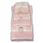Vintage MCM Sculpted Towel Set Bath Hand WashCloth Pink W Rosettes Cottage