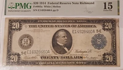Clear Face 1914 $20 FRBN Richmond (5-e)  F-15   FR#983a White M.  S.N#E14928460A - Image 1 of 2