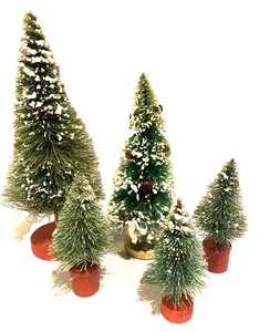 BOTTLE BRUSH CHRISTMAS TREE lot-5 VTG JAPAN 3.5-7.5" LARGE-Mercury Glass Flocked - Picture 1 of 6